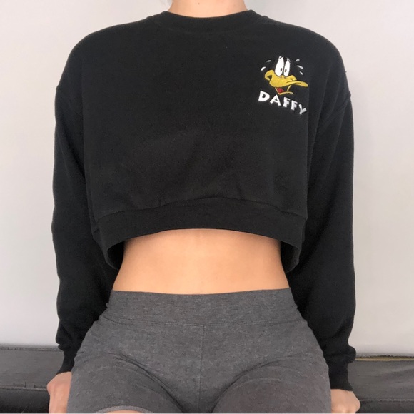Looney Tunes Embroidered Daffy Crop Crew Neck Sweater - Picture 2 of 5
